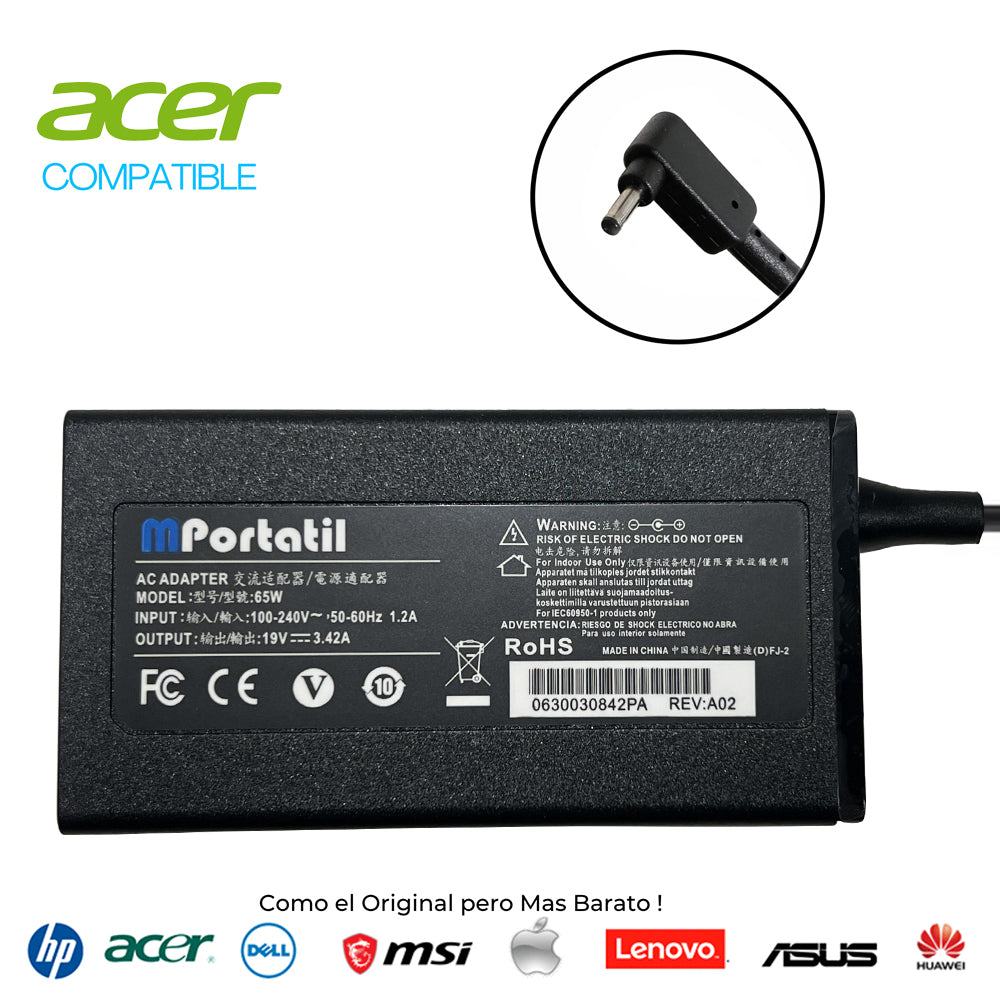 Cargador Para Acer 19V 3,42A Plug 3,0x1,1mm