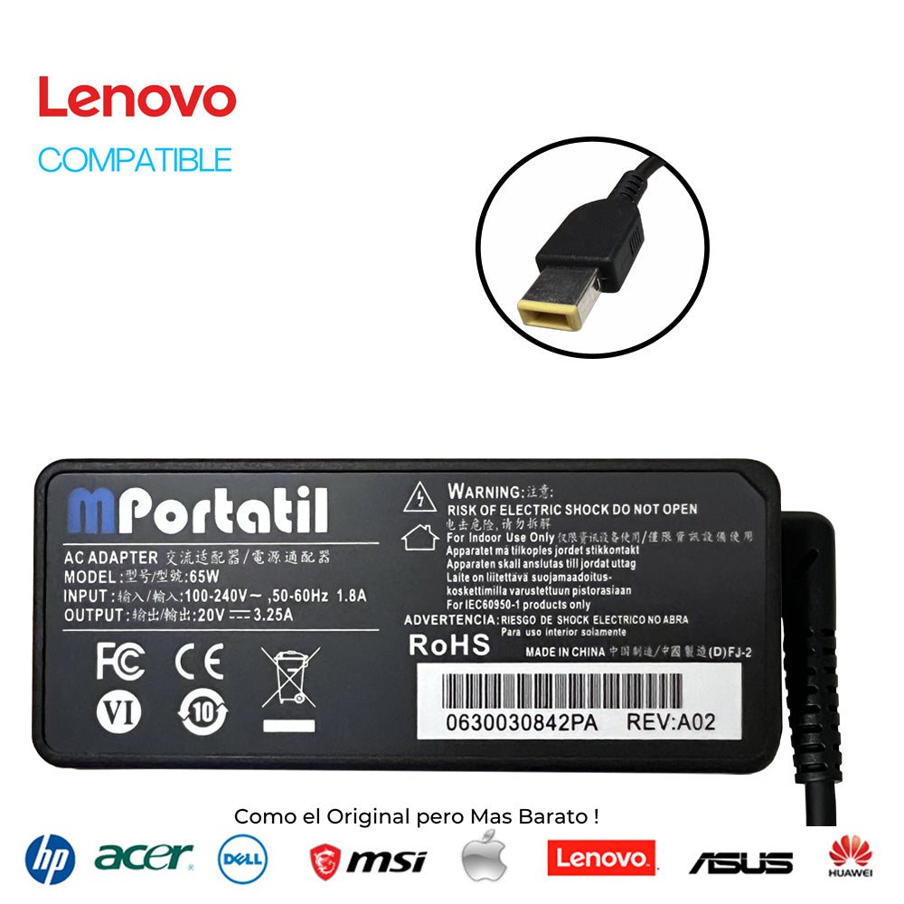 Cargador Para Lenovo 20V - 3,25a Plug USB TIP