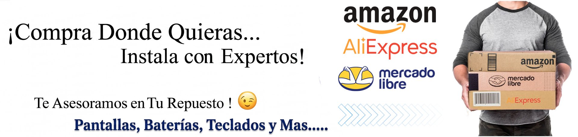 Compra donde quieras tu repuesto de notebook (Amazon, AliExpress, Mercado Libre) y lo instalamos con expertos. Pantallas, baterías, teclados y más componentes para notebook con asesoría técnica especializada.